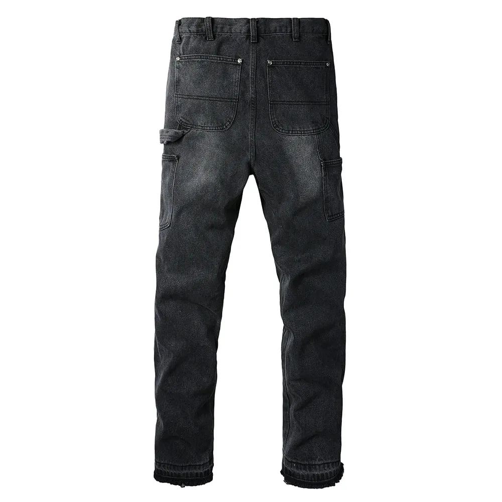 Men Patch Cargo Denim Jeans Streetwear Rivet Released Hem Patchwork Pants Button Fly Loose Straight Cotton Trousers — image 2