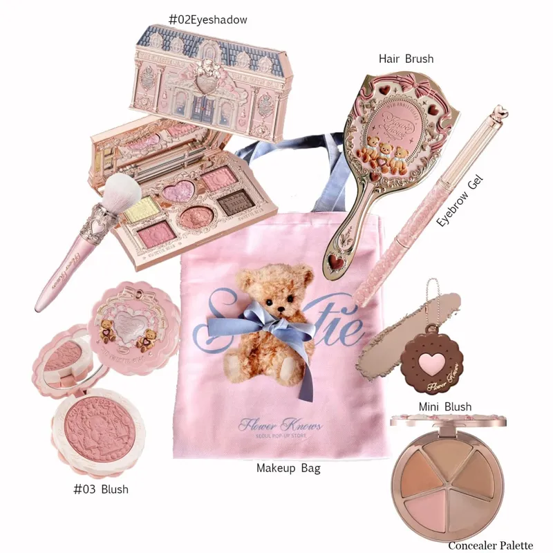 Flower Knows Makeup Kit Sweetie Bear Concealer Palette Silk Satin Blusher Lip Jelly Mirror Hair Clip Makeup Bag Mini Powder Set — image 2