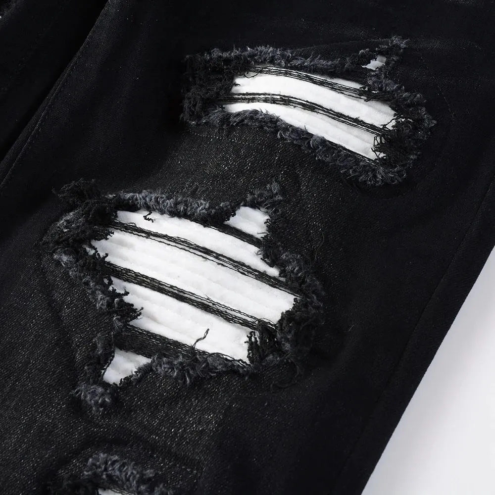 Men's White Pleated Patch Denim Jeans Streetwear High Stretch Denim Cotton Pants Ripped Skinny Tapered Black Trousers — image 4
