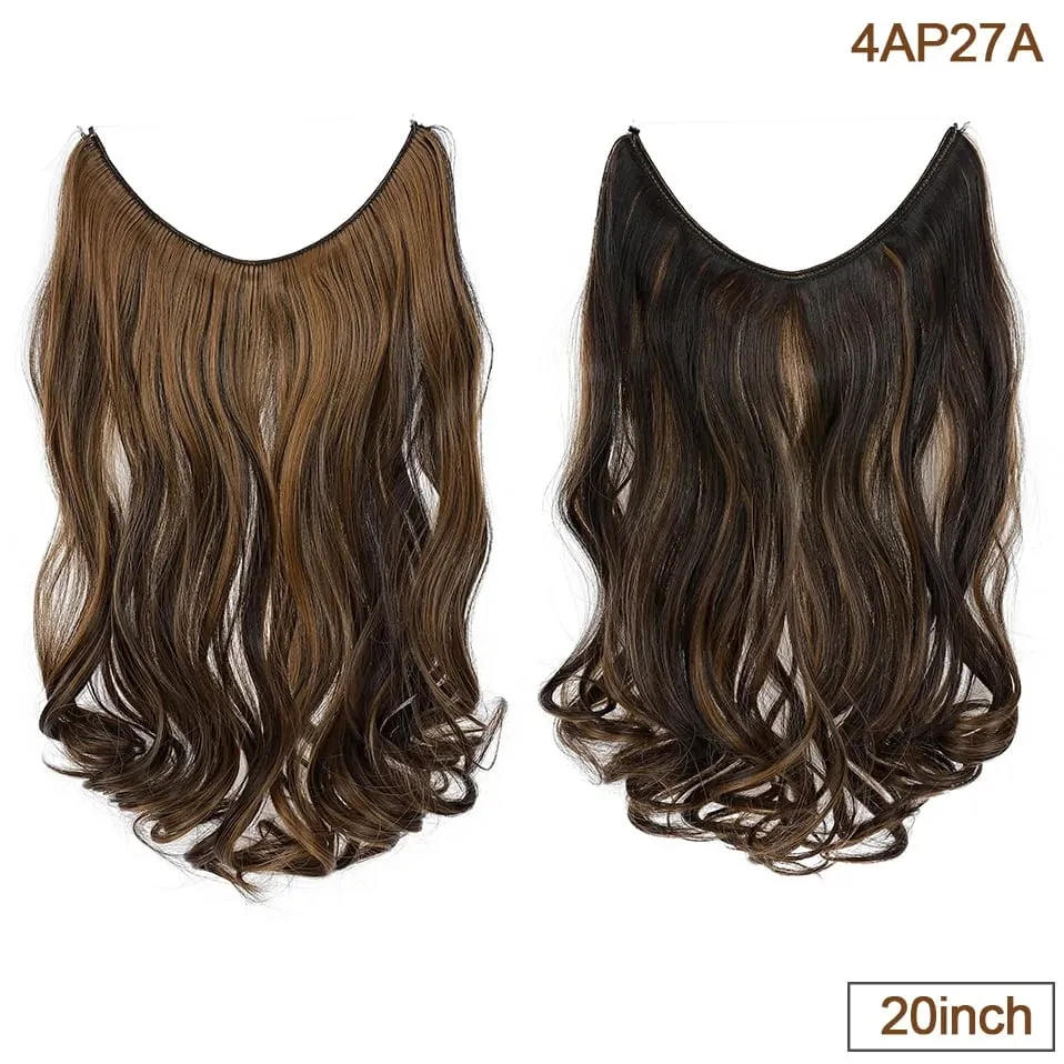 Synthetic Invisible Wire Hair Extensions Transparent Wire AdjustableLong Wavy Curly Secret Hairpiece 20 Inch for Women