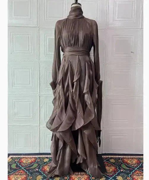 Early Autumn Turtleneck Lantern Sleeves Shinny Ruffles Pullover Floor Length Vacation Dress High Waist Female Vestido