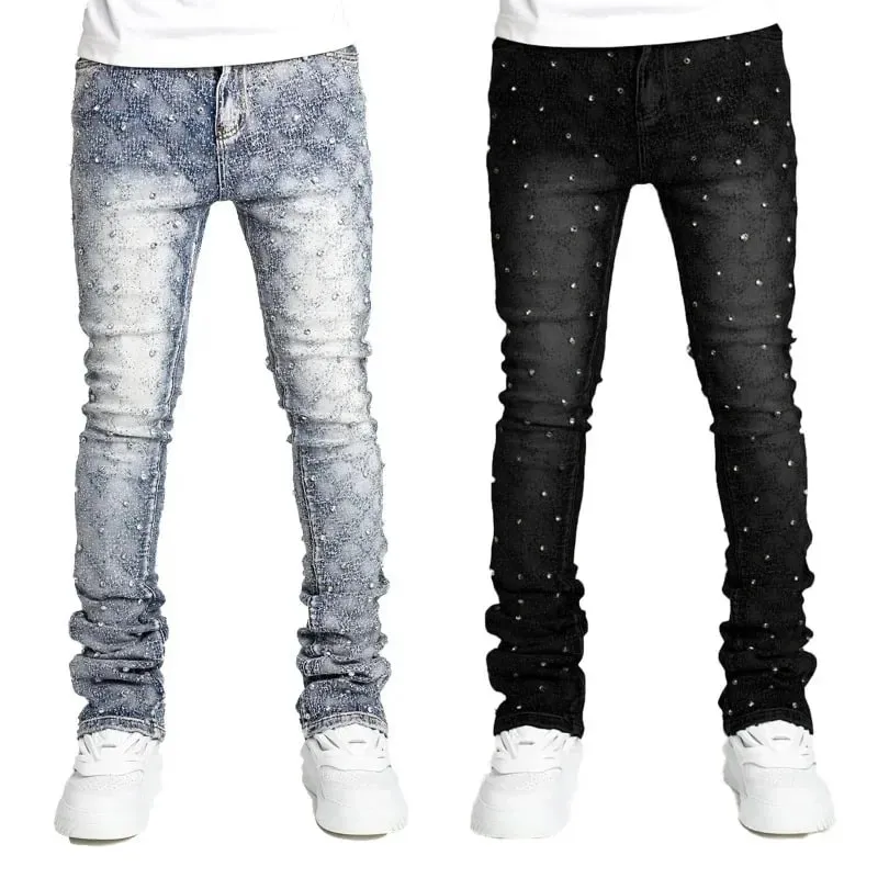 Personality Stacked Jeans for Men Slim Fit Stretchy Pearls Denim Laminated Pants for Men Fashion Straight Man's New Jeans — image 8
