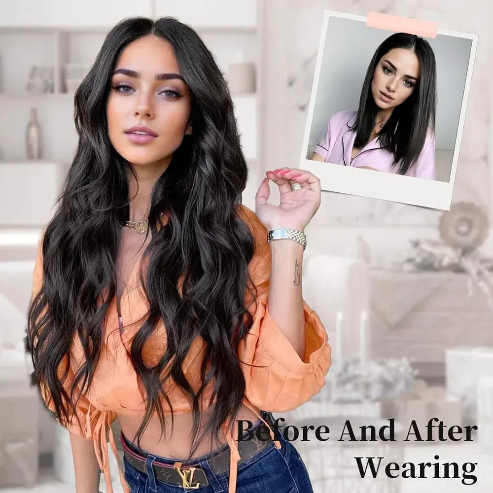 Black Halo Hair Extensions with Invisible Wire Adjustable Size 22inch Long Synthetic Wavy Curly Hairpieces for Women No Clip — image 2