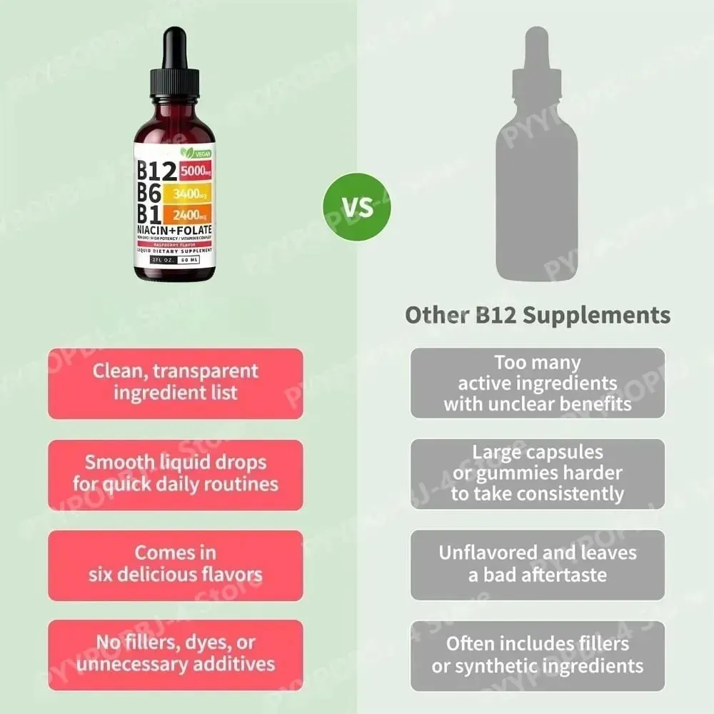 Vitamin B12 B6 tekuté kapky 60 ml B komplex s B1 Niacin Folate Malina Veganský denní wellness doplněk 40 porcí Dospělí — image 6