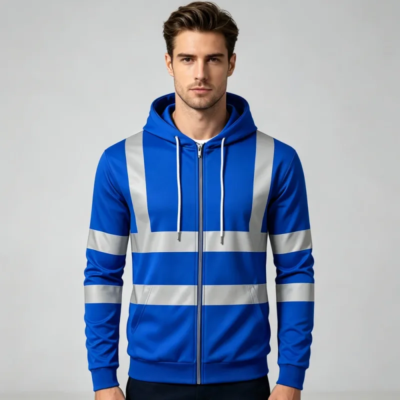 Autumn Fashion Men Drawstring Hooded Top 3D Printed Stripe Full Zip Sweatshirt Outdoor Casual Safety Work Outerwear Hoodie