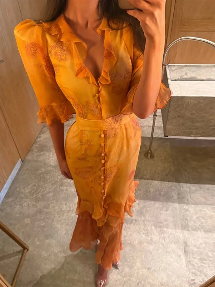 Eleganckie wzburzyć damskie długie sukienki V Neck pół guzik na rękawie wyszczuplająca talia plisowana sukienka 2026 wiosna Lady Fashion Party szaty — image 6