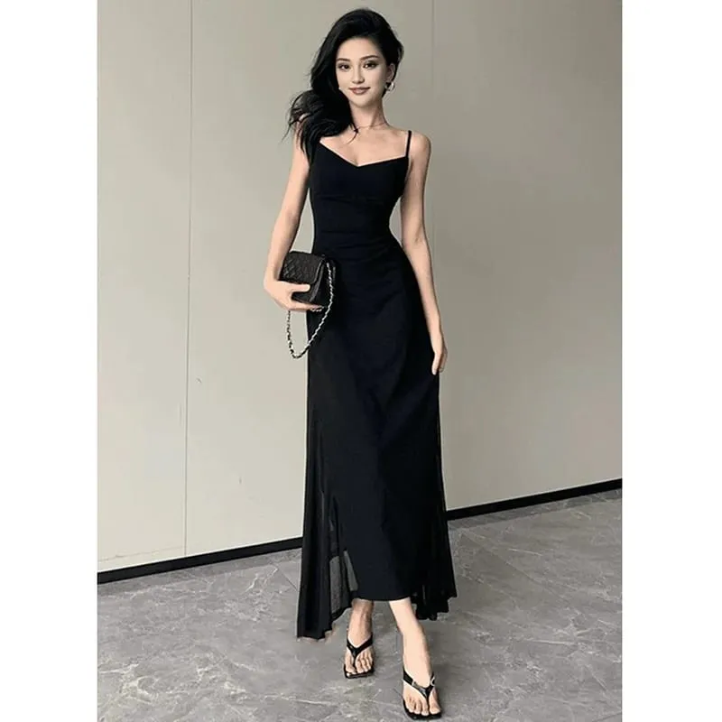 Korejské šaty s výstřihem do V pro ženy Sexy společenské šaty s upnutým pasem Žena Elegantní černé průsvitné midi šaty Novinka — image 5