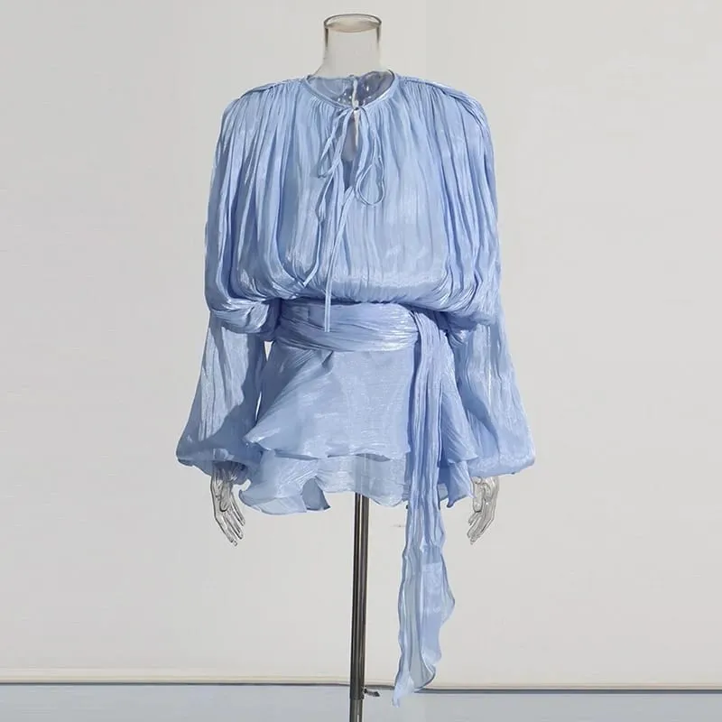 Solid Patchwork Lace Up Blouse Mini Dresses For Women V Neck Long Sleeve Sweet Style Dress Female Clothing Fashion — image 10