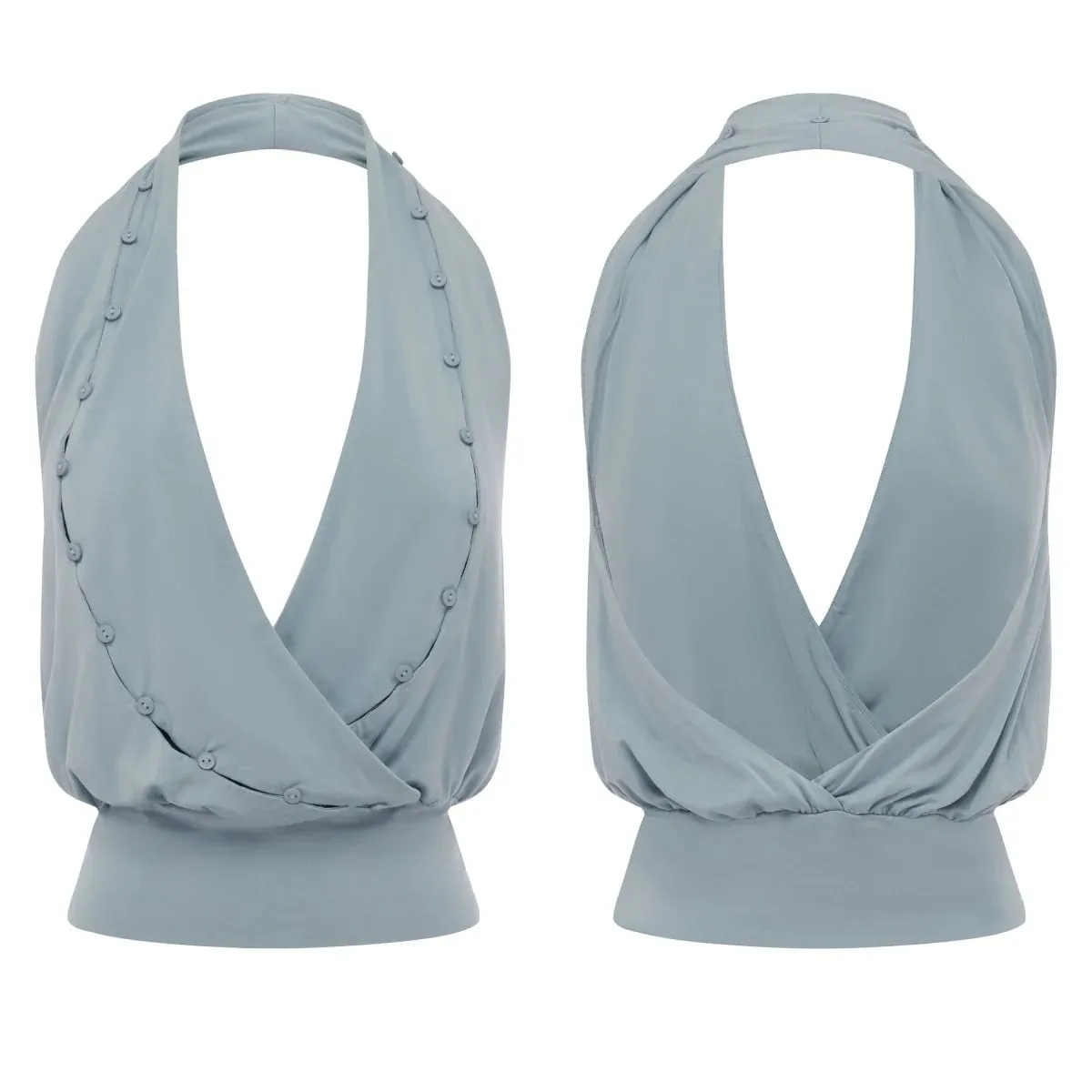 Wj Hellblaues Neckholder-Top mit tiefem V-Ausschnitt und rückenfreiem Design. Kurzes Top mit Twist-Knoten-Design am Rücken und Knöpfen für einen schlankmachenden Effekt. Haze Blue Neckholder-Tanktop. Kurzes Top mit Knopfverzierung und Taillenbetonung