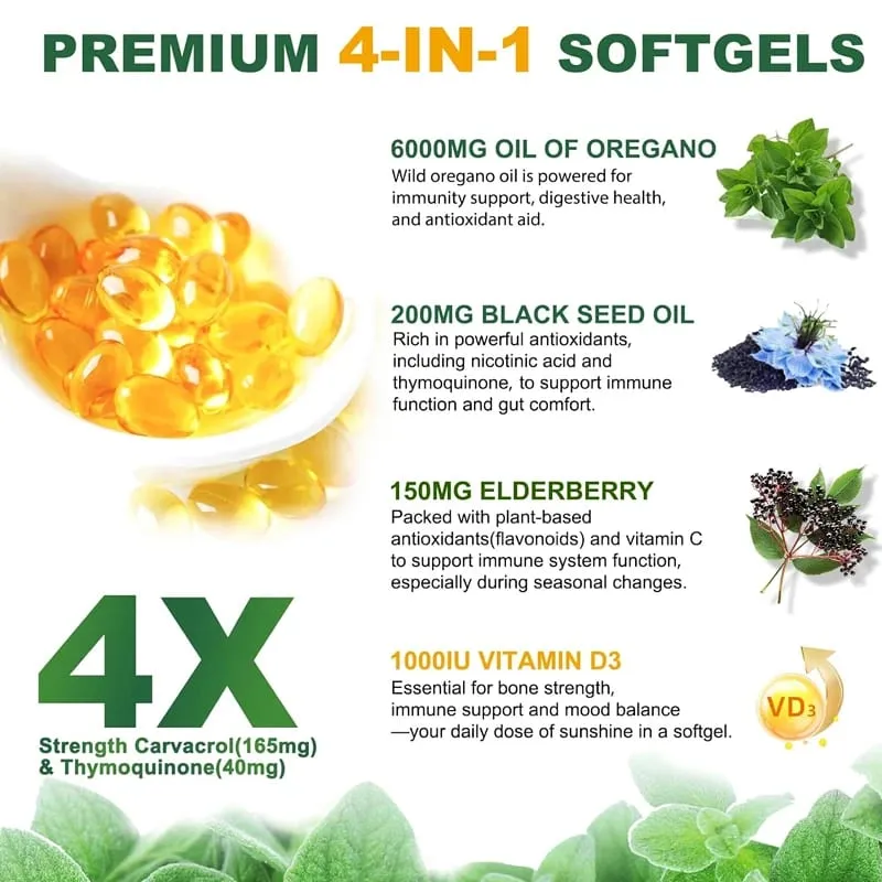 Oregano Oil + With Black Seed Oil & Elderberry + Vitamin D3 Supports Antioxidant & Skin Health Antibacterial & Immune System — image 4