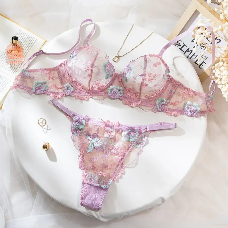Bar set Tight hollowed out suspender with embroidered perspective floral patterns daring lingerie woman Women's underwear xxx