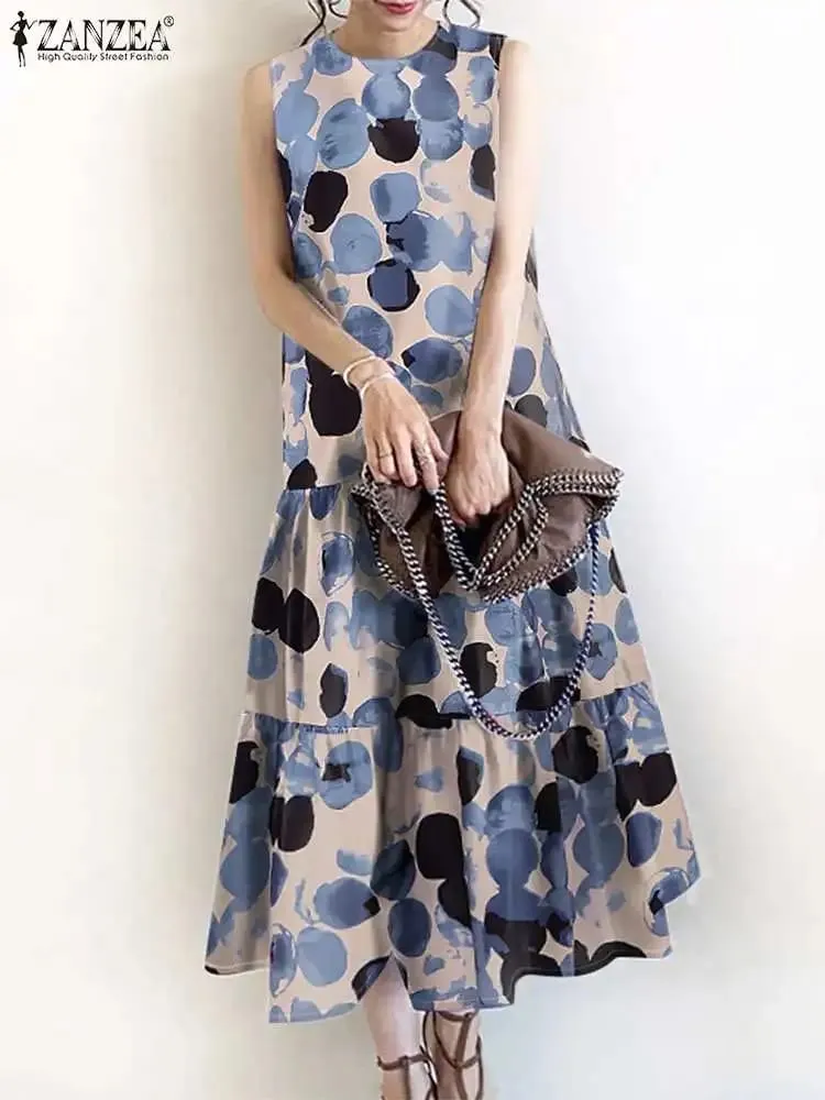 2024 ZANZEA Bohemian Sleeveless Summer Dresses Women Floral Printed Sundress Fashion Casual Ruffles Hem Long Vestido Robe Femme — image 2