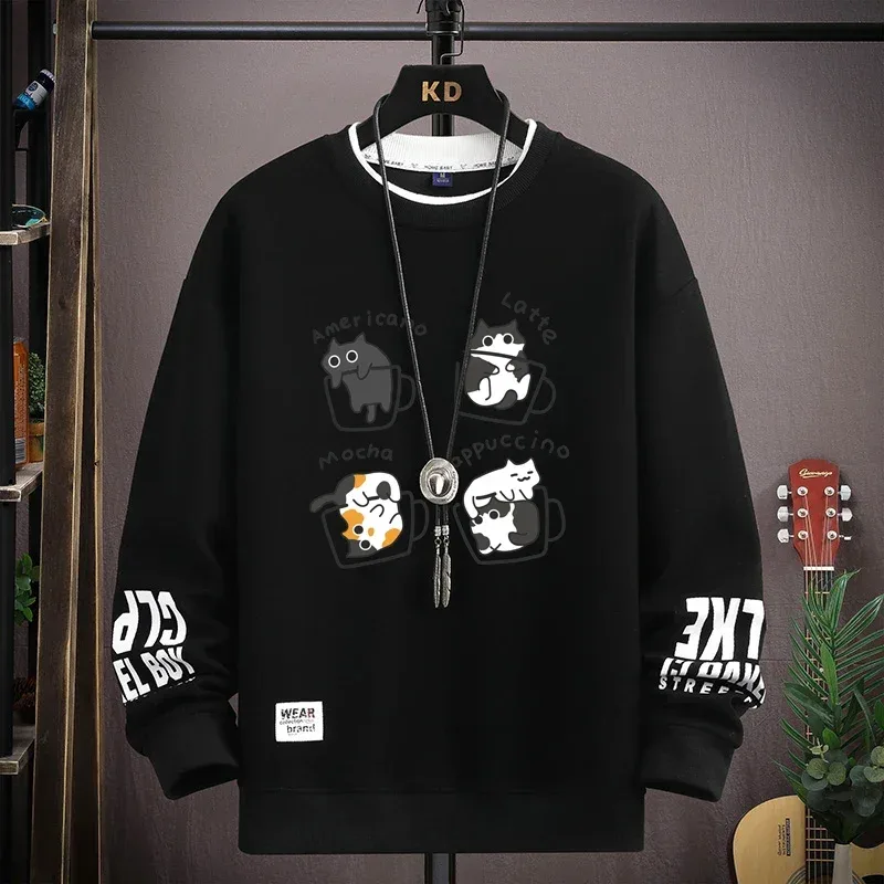 Spring Men's Sweatshirt Japan Cartoon Cats Printed Long Sleeve T-shirt Fashion Men's Clothing Khaki O Neck Harajuku Top 2024 New — image 9