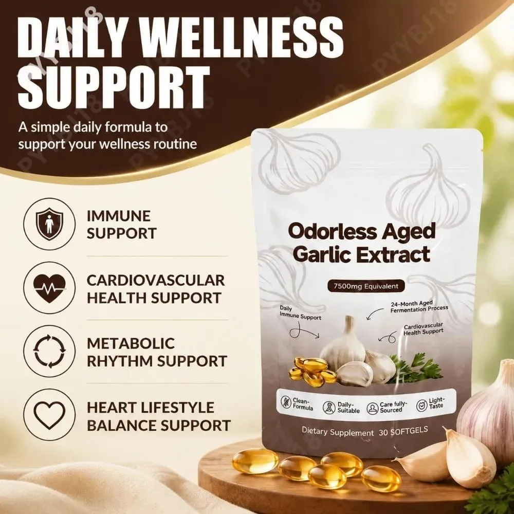 Softgels תמצית שום מיושן ללא ריח 7500 מ"ג 24 חודשים צמחי מרפא מותססים פורמולה בוטנית קרדיווסקולרית תמיכה חיסונית 30 ספירה — image 2
