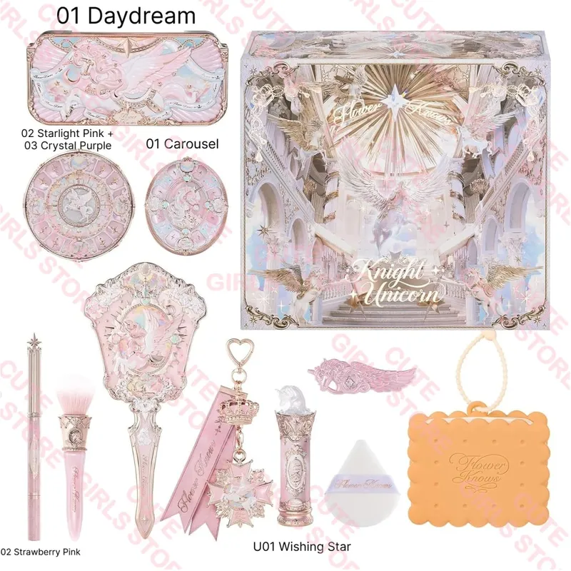 Flower Knows Knight Unicorn Collection Mini All-In Gift Set-dengan Lipstik Blush Eyeshadow Powder Lip Liner Cermin & Alat
