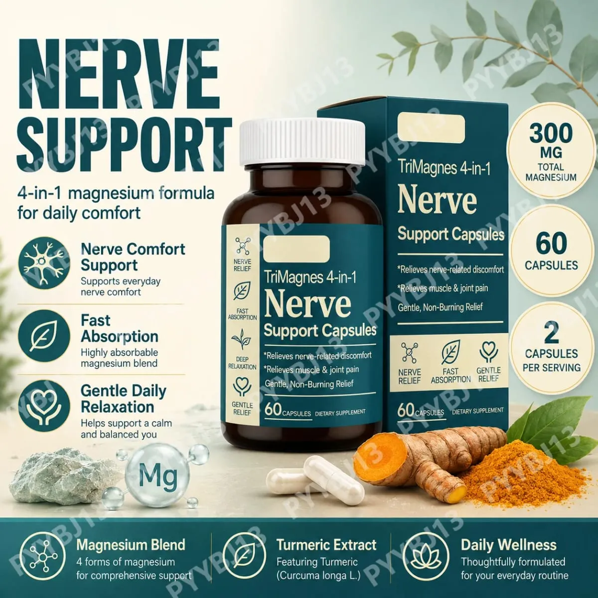 4-i-1 Magnesium nervstödskapslar med citratglycinatmalat och gurkmejaextrakt 60 CT snabbabsorptionsformel — image 1