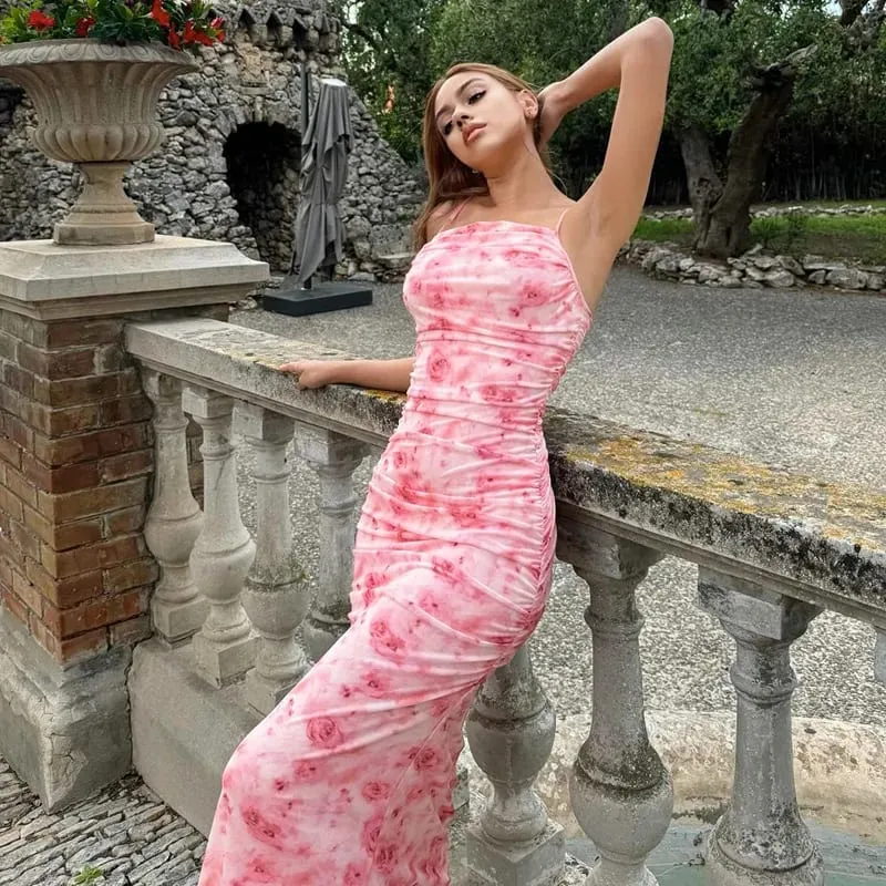 Sexy Elegant Floral Print Ruched Dress Spaghetti Strap Backless Women Dresses Summer Party Birthday Club Ladies Clothes — image 4