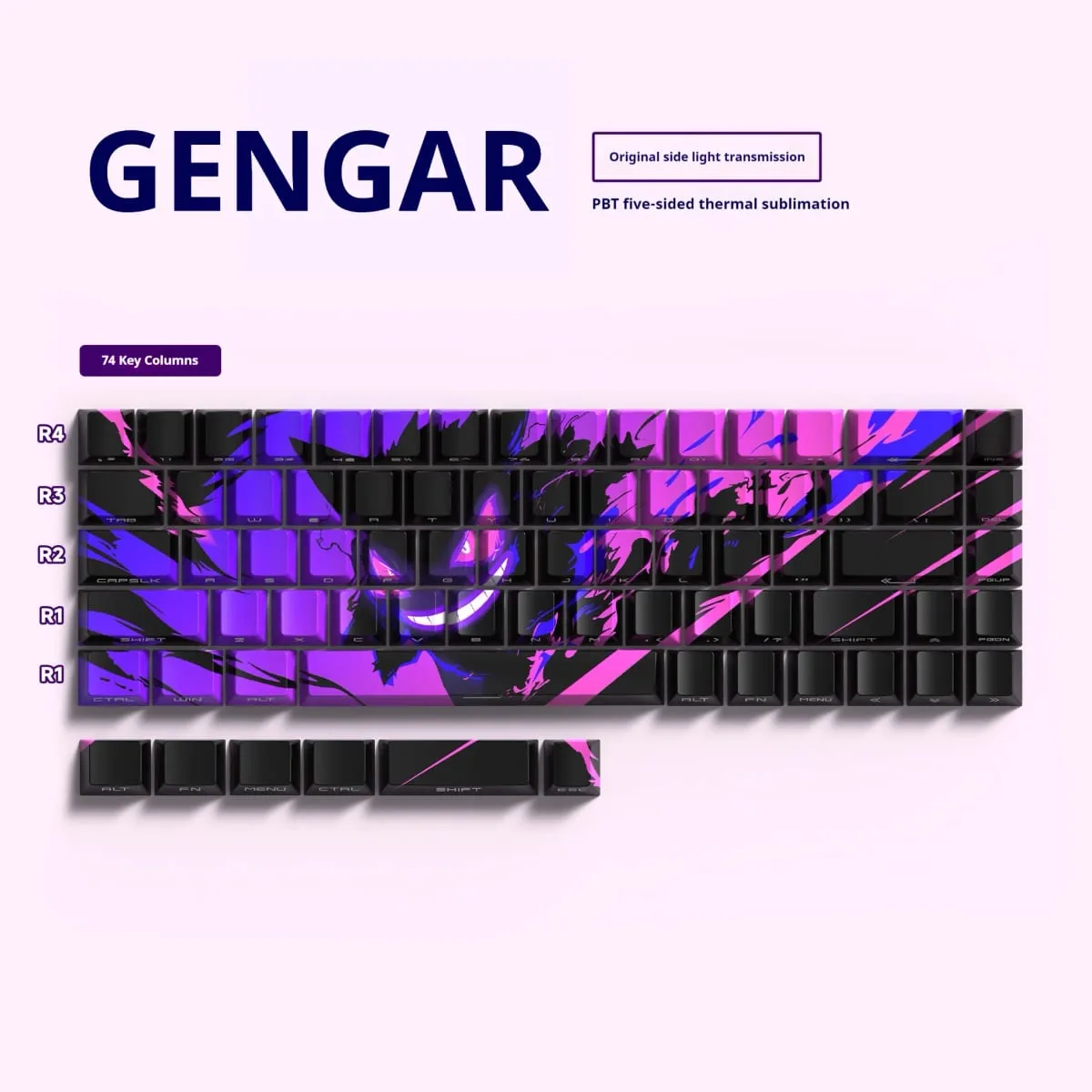 Gengar PBT Original Factory Side Engraved Translucent Keycaps 68 Keys 129 Keys E-Sports Gaming Keycaps For PC Gamer Accessoires — image 1