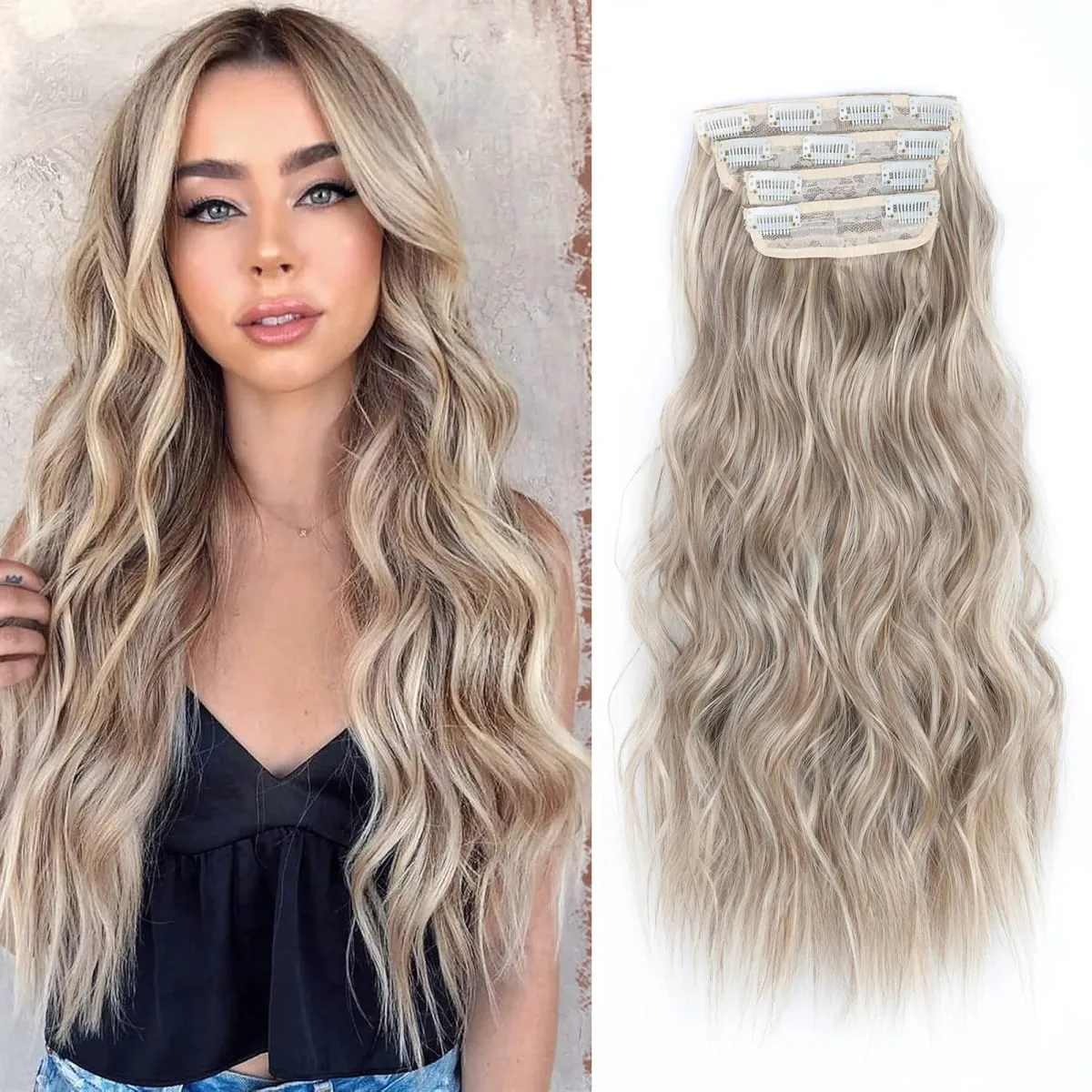 linwan Clip In Hair Extensions 4 PCS Full Head 20 Inch Long Curly Wavy Synthetic Hair Pieces Natural Wavy For Women Girls Hair — image 2