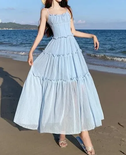 Women Strap Sleeveless Ruffles A-line Midi Maxi Long Dress 2025 Summer Beach Holiday Vacation Vestidos Dresses — image 11