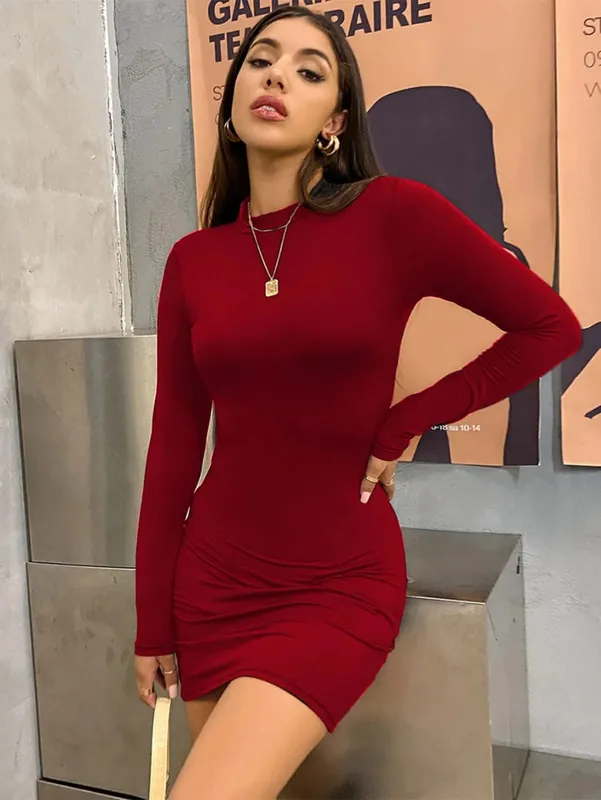 Long Sleeve Slim Bodycon Mini Dress Women Turtleneck Pleated Party Ruched Short Evening Club Outfit Soild Color — image 11