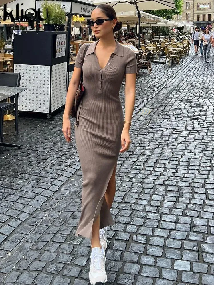 Kliou Elegant Office Lady Maxi Dress Women Solid Fashion Turn-down Collar Short Sleeve Button Side Slit Body-Shaping Street Robe — image 1