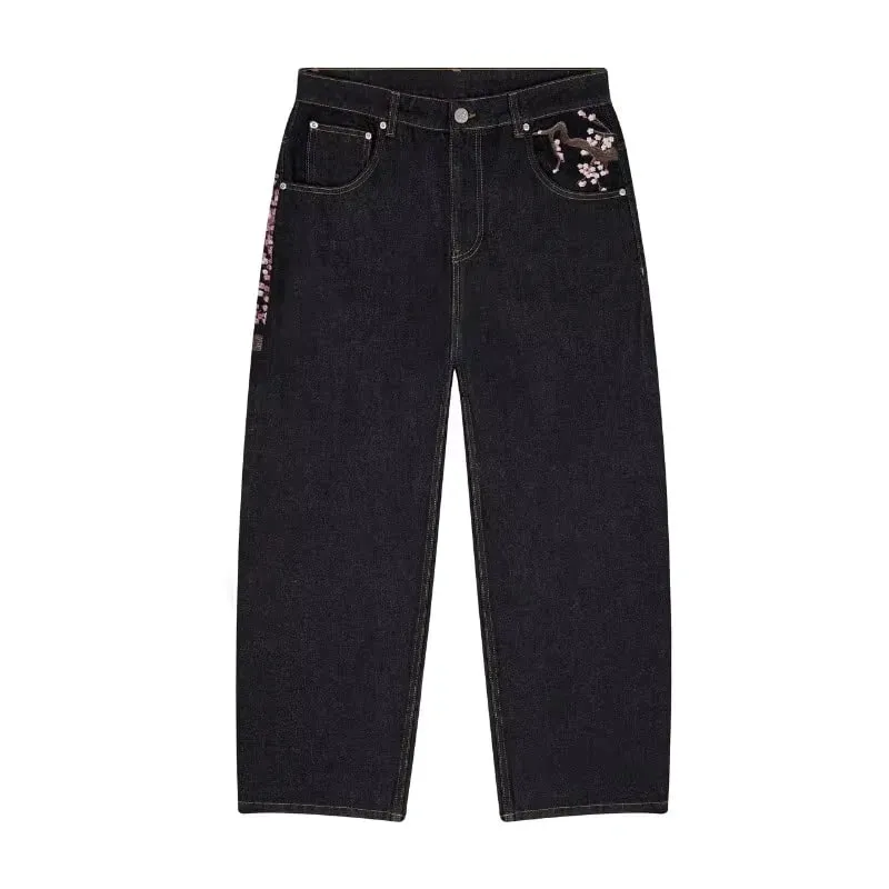 Y2K Harajuku jeans Goth vintage plum blossom embroidery pattern wide leg pants men women denim fabric American style street wear — image 9