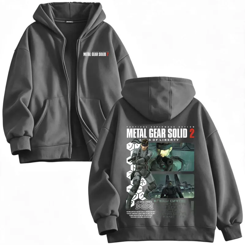 Metal Gear Solid 2 Sons of Liberty MGS2 Solid Snake Game Dragkedja Hoodies Herr Dam Fleece Zip Up Huvtröjor Jackor Kappor
