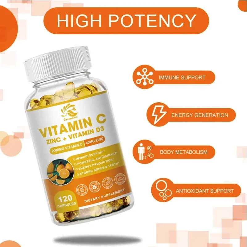 Greensure Supplements Zinc 40mg Vitamin C 2000mg and Vitamin D3 5000 IU (125mcg) Per Serving - 60/120 Capsules — image 5