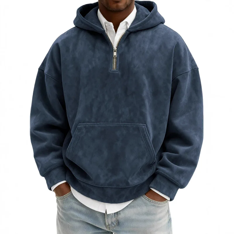 Amerika Fashion Baru Pria Warna Solid Setengah Ritsleting Lengan Panjang Kasual Trendi Harian Berkerudung Kaus Pria Hoodies Pakaian Atasan — image 3