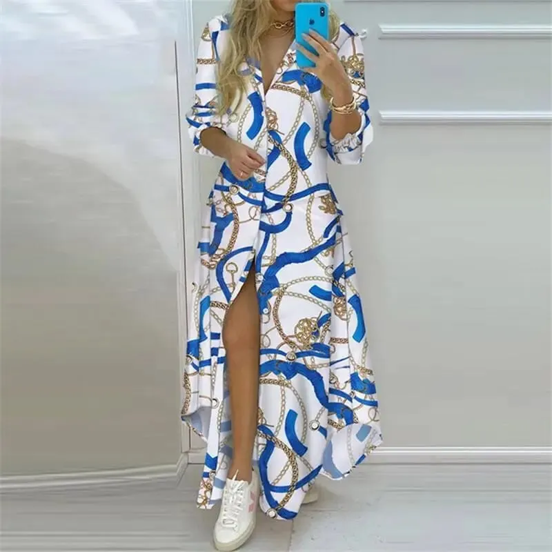 Summer Women Boho Printed Long Shirts Elegant Dress Turn-down Collar Long Sleeve Female Casual Split Shirt Evening Maxi Dresses — image 4