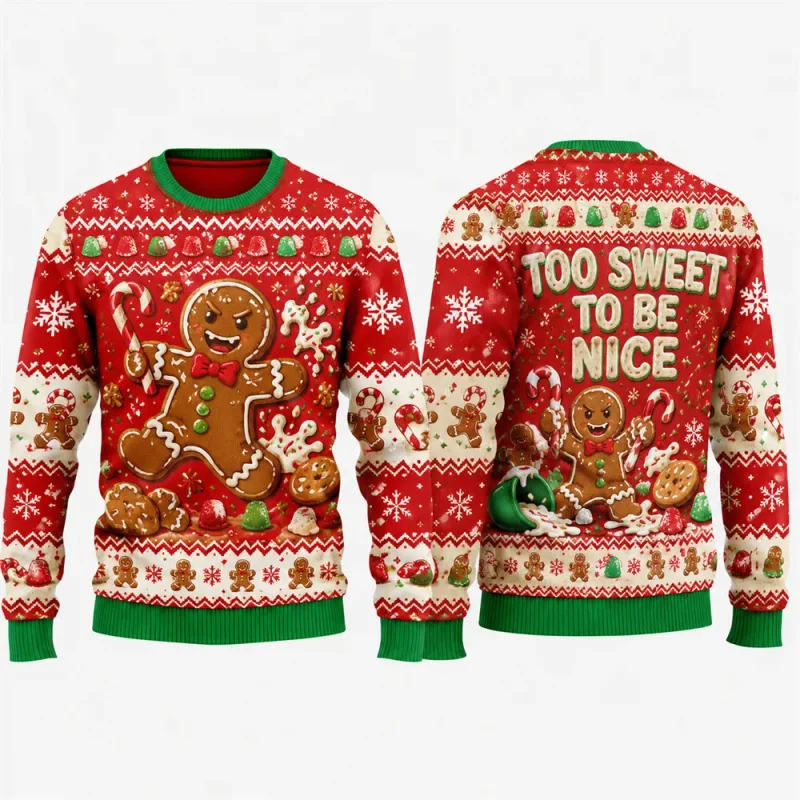 Gingerbread Man Ugly Christmas Sweatshirt 3D Grafisk Crewneck Unisex Funny Candy Cane Julefest Ferie Pullover Gave Mand Top — image 5