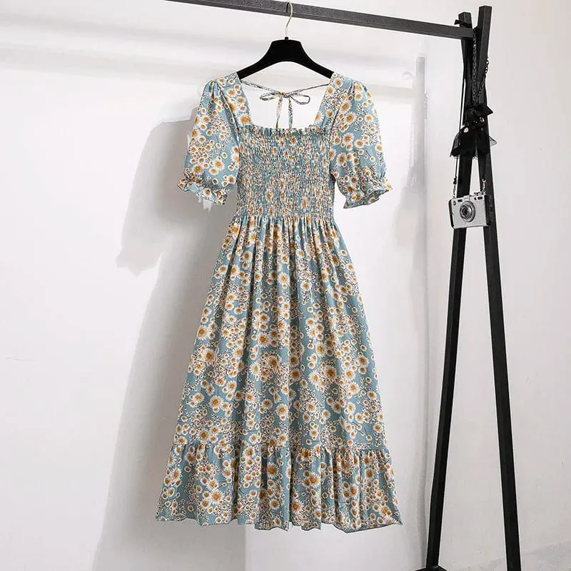Spring Summer Chiffon Dresses Fashion Female Elastic Waist Short Sleeve Pleated Casual Dress Women A-line Dresses Vestidos — image 9