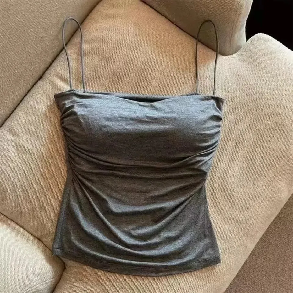 1 Pc Stylish Waist Pleated Corset - Soft support fixed chest pad sleeveless vest Sexy short top with thin straps Solid color — image 9