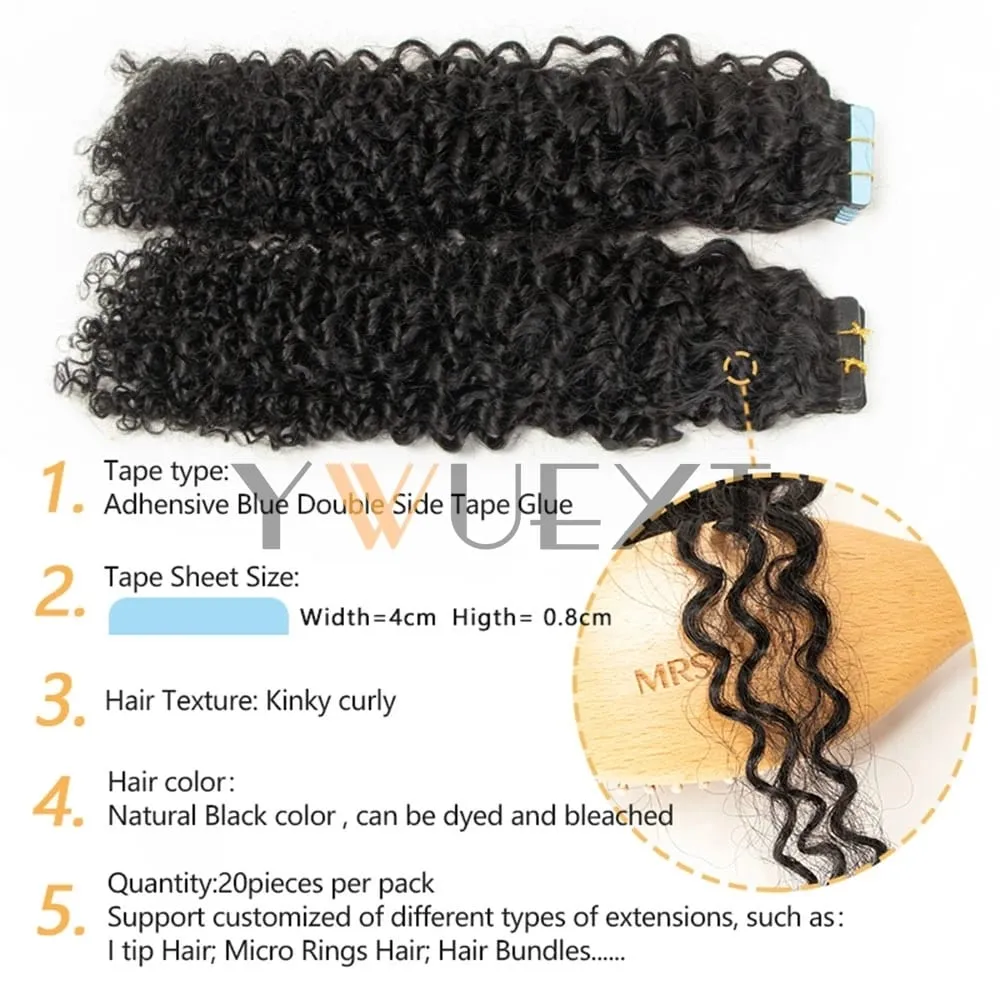 Afro Kinky Curly Tape In Human Hair Extensions for Black Women Tape Ins Hair Extension Real Human Hair Tape on For Salon 20pcs — image 5