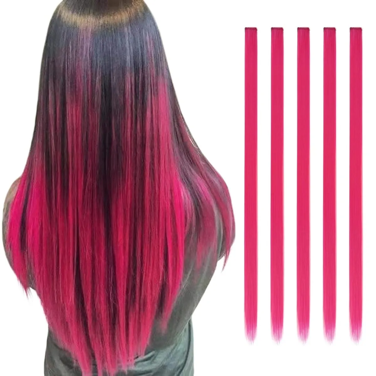 Synthetic 5PCS Colorful Hair Extensions Party Highlights Colorful Clip in Hair Extensions Straight Hairpieces for Women Girls — image 14