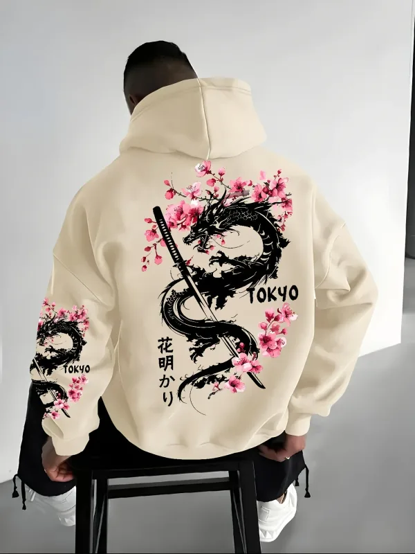 Pullover bertudung bercorak naga gaya anime lelaki bercorak bunga sakura untuk gaya longgar dan kasual kehangatan musim sejuk — image 4