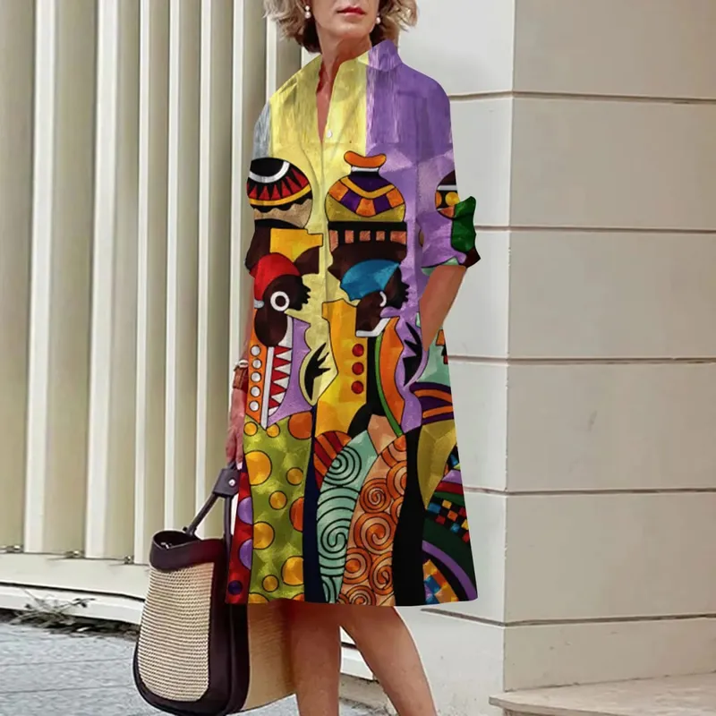 Women's Long Work Dresses Turtleneck High Waist Tie Button Face Pattern Printed Shirt Dresses Button Loose Spring and Summer — image 11