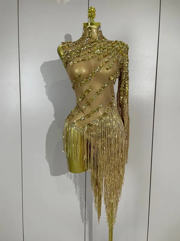ใหม่ Sparkly Rhinestones พู่เซ็กซี่ดูผ่านชุดผู้หญิงหนึ่งไหล่ Latin Dance ชุดบาร์ไนท์คลับปาร์ตี้เครื่องแต่งกาย