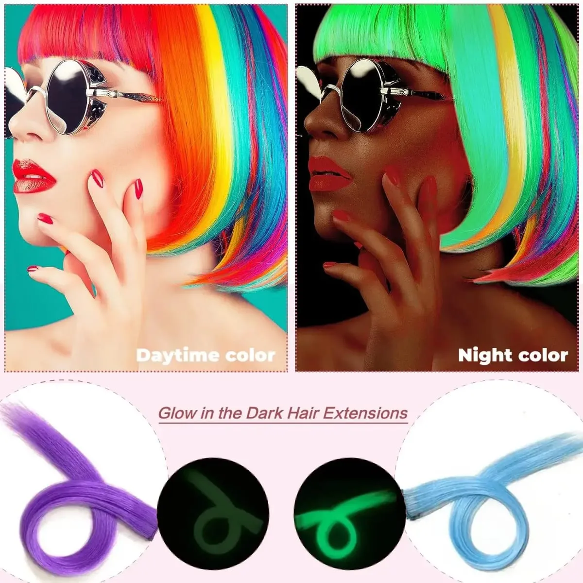 5pc 20 Inch Glow in The Dark Hair Extensions Clip Luminous Colored Hairpieces Party Rainbow Hair Clips Synthetic Straight Wig — image 2