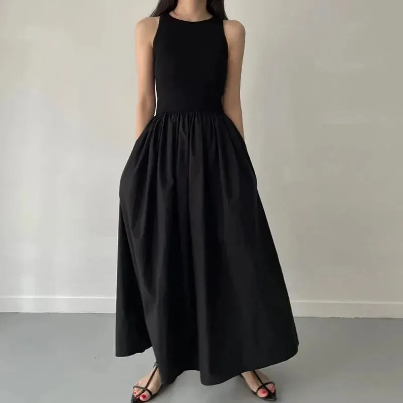 New Summer Simple Elegant Black Long Dresses For Women Round Neck Sleeveless High Waist Temperament Female Fashion Style Dress — image 4