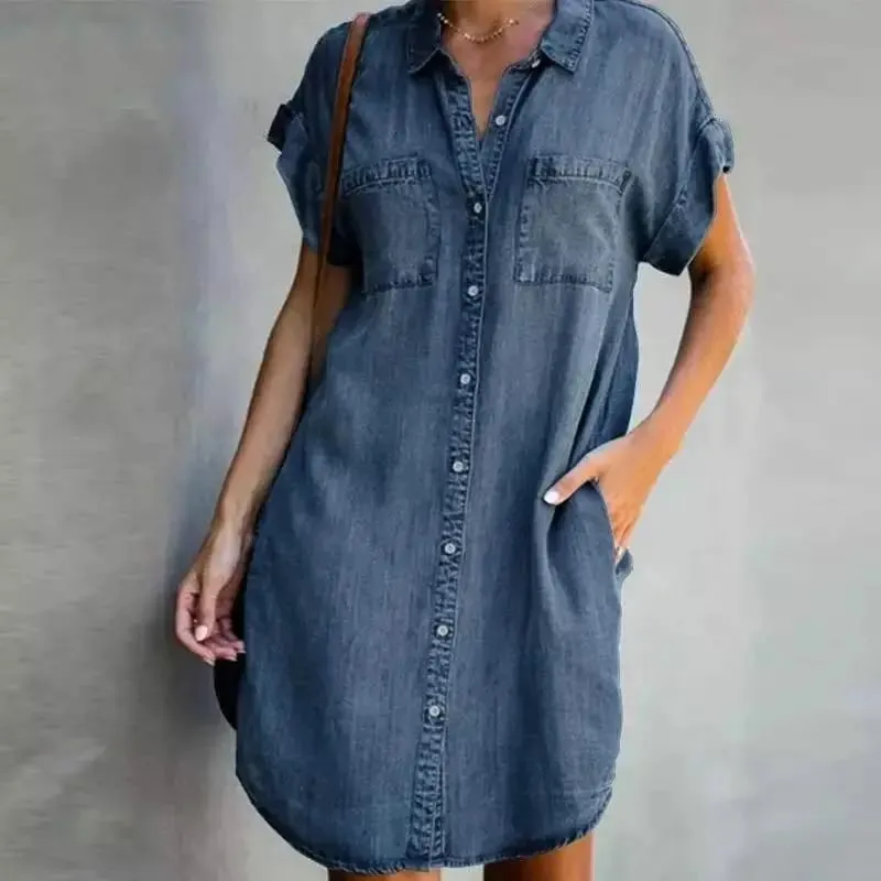 Abito estivo a camicia di jeans monopetto nuovo, tasca allentata casual da donna, semplice gonna corta di jeans da ufficio femminile retrò per pendolari — image 2