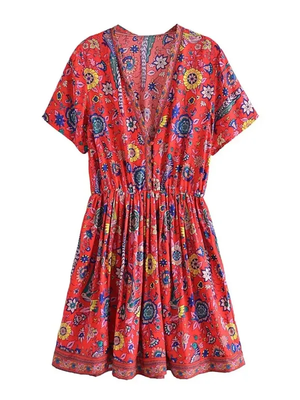 Vintage Chic Women Peacock Květinový potisk Hluboký výstřih do V Bohémské minišaty Dámské Krátký rukáv Happie Beach Boho šaty Vestidos — image 6