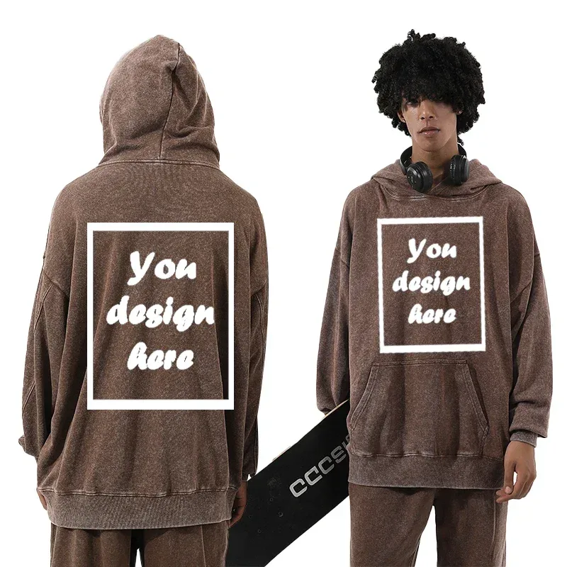 Men's personalized custom-printed washed vintage hooded warm sports wear thick 350 grams comfortable and warm. — image 4