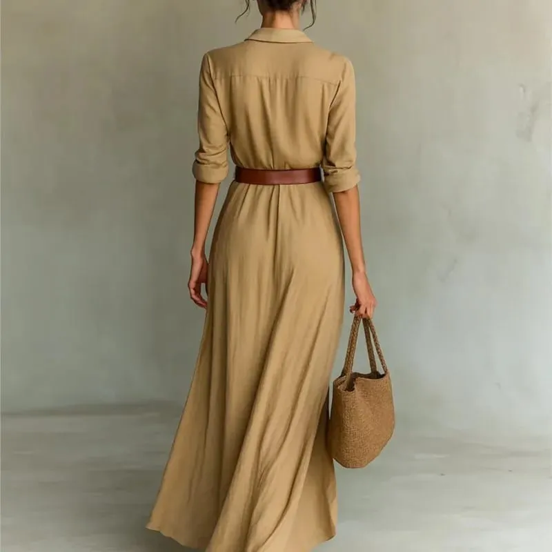 Damesmode effen vakantie feestjurk elegante revers knoop gedrapeerde lange jurk casual lange mouw match met riem shirtjurk — image 3