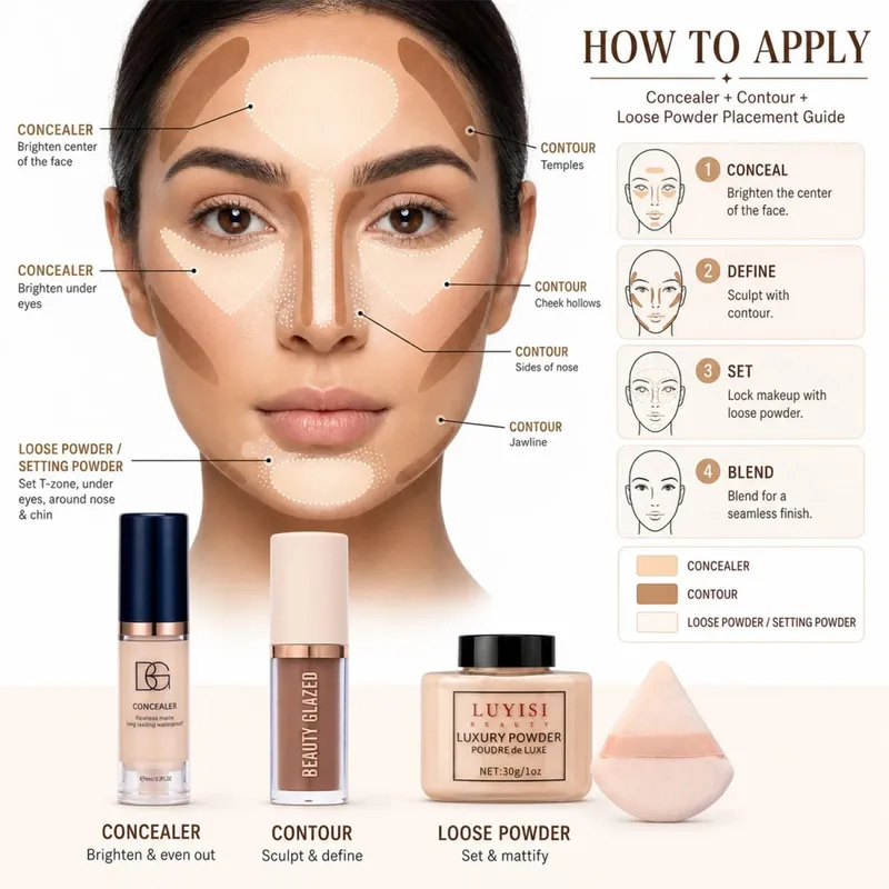 4pcs/Set:Concealer Contour Loose Powder&Puff Full Face Sculpting&Setting Kit Waterproof Long-Lasting Matte Effect Oil-Control. — image 6