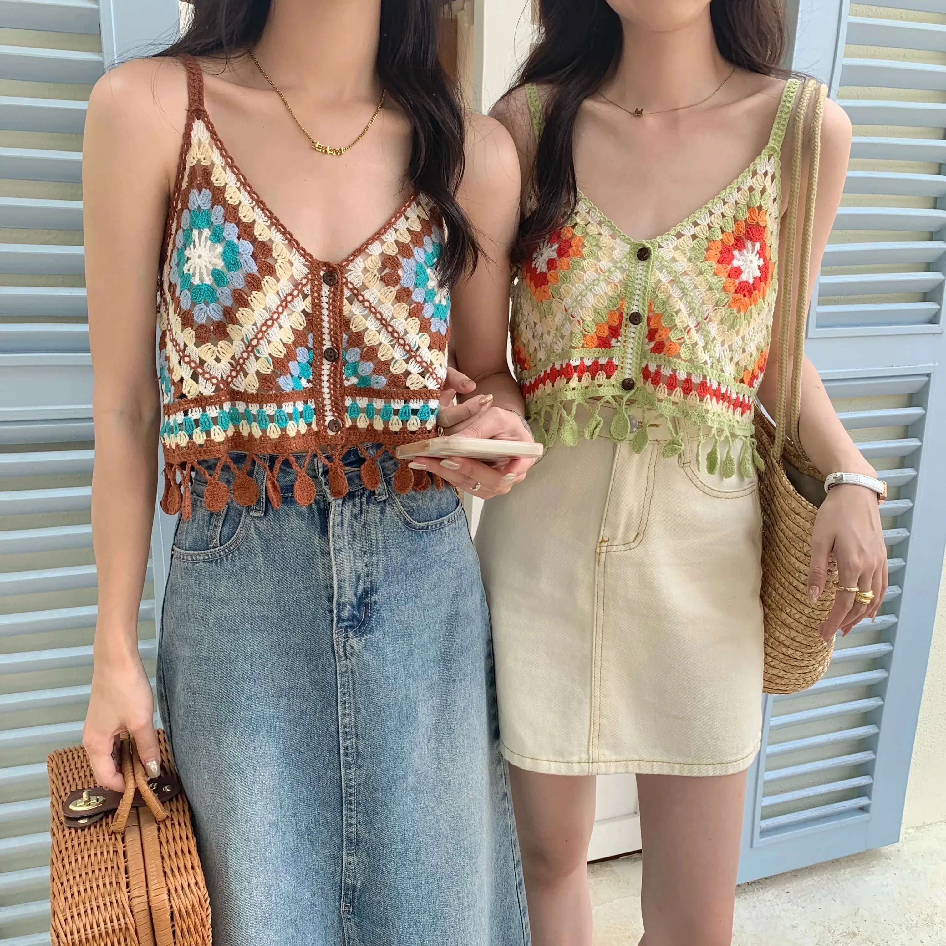Colorful Patched Crochet Knit Cami Top Fringed Strap Crop Tank Top for Women Teengirl Summer Boho Vacation Beach Wear — image 4