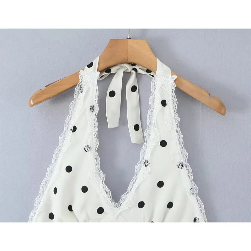Lace Spliced Polka Dot Halter Dress Women Elegant A-line Mini Sexy Backless Dresses Summer Robe 2025