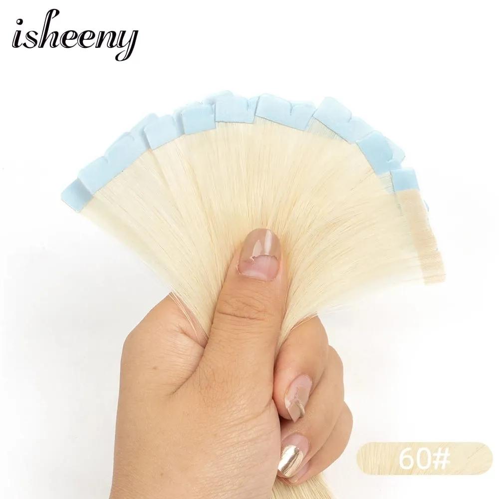 Isheeny 12"-24" Mini Tape Hair Extensions Machine Remy Skin Weft Adhesive Tape In Human Hair Natural Black Brown Blonde 10pcs
