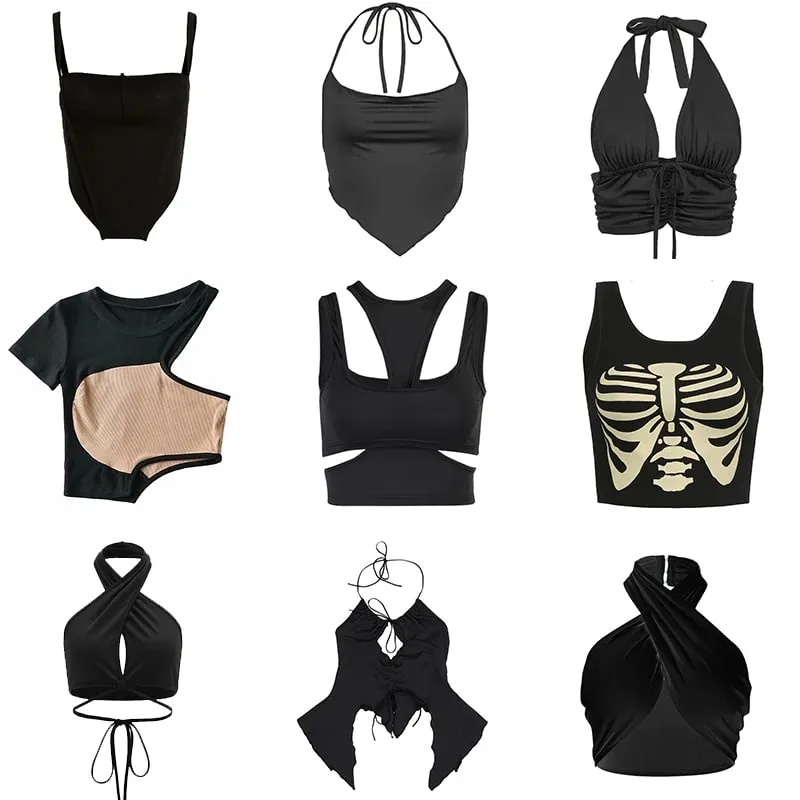 90s Women Sexy Goth Cami Top Y2K Aesthetic Black Sleeveless Backless Halter Crop Vest E-girl 2022 Vintage Summer Tank Top Clothe — image 1
